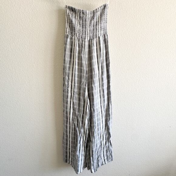 L*Space Riri Strapless Wide‑Leg Jumpsuit XS Gray White Stripe Smocked tie - Picture 8 of 15